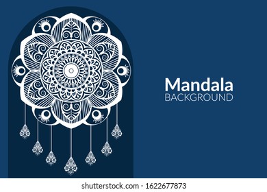 Mandala white on blue background. Indian, Ottoman, Arabic, Asian, Oriental pattern design. Gorgeous & luxury ornamental backdrop. Wedding invitation card in new look. 