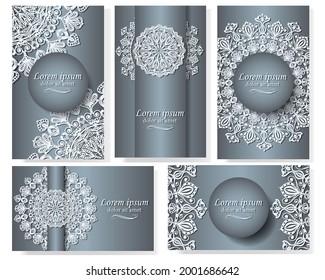Die Mandala ist weiß auf silbernem Hintergrund. Fünf luxuriöse Hintergründe mit zarten ethnischen Ornamenten. Muster auf Visitenkarten, Postkarten, Tags, Verpackungen, Cover, Einladungen. 
