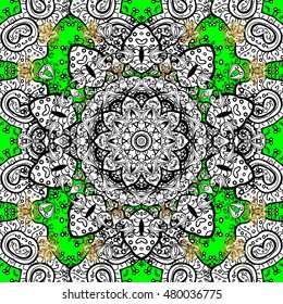 Mandala white ornament on dark green background. Vector illustration.