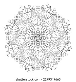 Mandala with wild berries, flowers and cakes on a white background. Anti-stress coloring book for adults and children. Decorative element for design