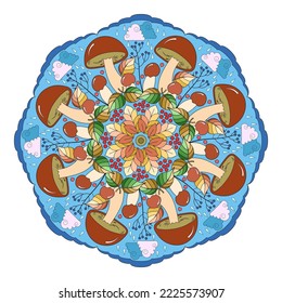 Mandala with wild mushrooms, leaves, berries and clouds on a white background. Black contour drawing.