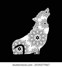 Mandala Wolf Silhouette Howling in Black , Mandala Wolf coloring page