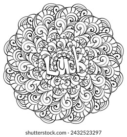 Mandala with word luck and clover, tangled St. Patrick's Day coloring page vector illustration for activity and design