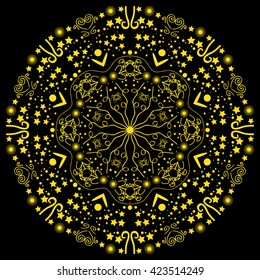 Mandala yellow. Black background. Simple yellow mandala