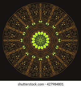 Mandala yellow. Black background. Traditional motifs. A beautiful web. Dream catcher, magic from the inside. The strings of the web.
