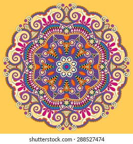 mandala, yellow circle decorative spiritual indian symbol of lotus flower, round ornament pattern, vector illustration