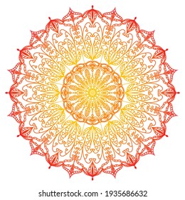 Mandala. Yellow and red gradient in an ethnic pattern. Oriental ornament for placing on glass, paper, fabric, wood. Template for tattoo and henna drawing. Psychedelic vector. Isolated pattern on white