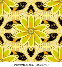 Mandala. Yellow round ornament pattern on black background.