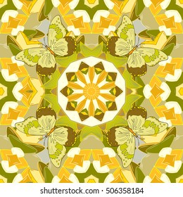 Mandala. Yellow round ornament pattern on green background with batterflies.