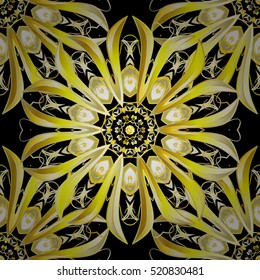 Mandala. Yellow round ornament pattern on black background.