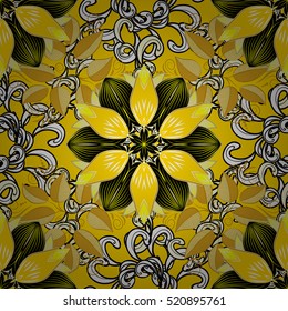 Mandala. Yellow round ornament pattern on black background.