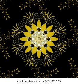 Mandala. Yellow round ornament pattern on black background.