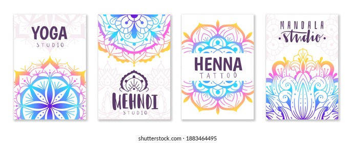 Mandala yoga ornament. Oriental patterns cards with decorative indian color fractals, meditation decoration circles. Mehndi tattoo, yoga or beauty fashion spa backgrounds collection vector posters set