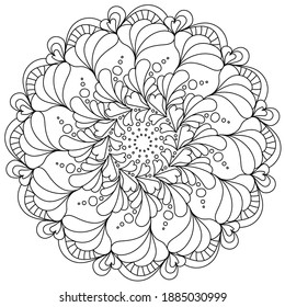 Mandala zen coloring page with hearts and petals, ornate antristress vector illustration with abstract patterns 