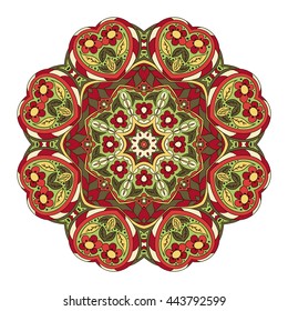 Mandala. Zentangl. Round ornament for creativity. Oriental motifs. Relax, meditation. Flower. Red, yellow and green