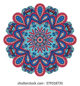 Mandala zentangle. Doodle drawing. Round ornament. Red and blue colors