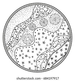 Mandala. Zentangle. Hand drawn circle zendala with abstract patterns on isolation background. Design for spiritual relaxation for adults. Line art creation. Black and white illustration for coloring.