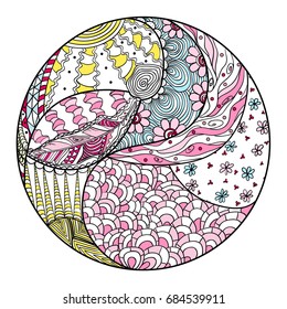 Mandala. Zentangle. Hand drawn circle zendala with abstract patterns on isolation background. Design for spiritual relaxation for adults. Line art creation. Zen art. Print for textiles, fabrics