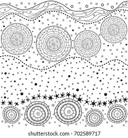 Mandala. Zentangle. Hand drawn circle zendala with abstract patterns on isolation background. Design for spiritual relaxation for adults. Line art creation. Black and white illustration for coloring.