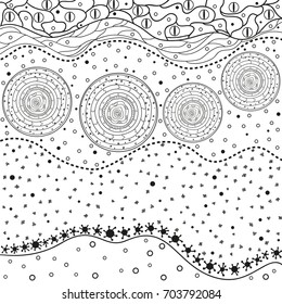 Mandala. Zentangle. Hand drawn circle zendala with abstract patterns on isolation background. Design for spiritual relaxation for adults. Line art creation. Black and white illustration for coloring.