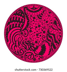 Mandala. Zentangle. Hand drawn circle zendala with abstract patterns on isolation background. Design for spiritual relaxation for adults. Line art. Outline for tattoo, printing on t-shirts, posters