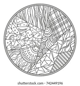 Mandala. Zentangle. Hand drawn circle zendala with abstract patterns on isolation background. Design for spiritual relaxation for adults. Line art creation. Black and white illustration for coloring.