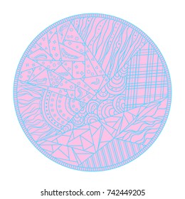 Mandala. Zentangle. Hand drawn circle zendala with abstract patterns on isolation background. Design for spiritual relaxation for adults. Line art. Outline for tattoo, printing on t-shirts, posters