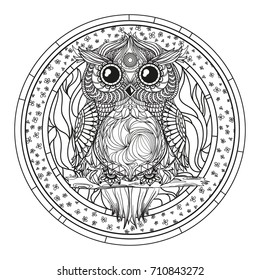 Mandala. Zentangle owl. Hand drawn circle zendala with abstract patterns on isolation background. Design for spiritual relaxation for adults. Line creation. Black and white illustration for coloring