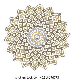 Mandala. Zigzag-Ziermuster bunte Mandala-Muster. Schöne Stamm-Ethno-Stil Zickzag-Ornamente. Rund modernes, isoliertes Design auf weißem Hintergrund. Vektorgrafik. Dekorative Muster. Für Drucke, Stoff.