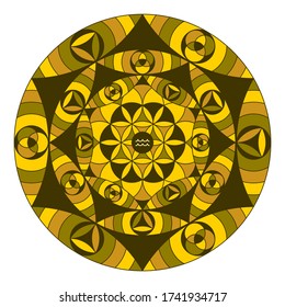 Mandala of zodiac sign of Aquarius. Colored coloring book of sacred geometry. Vector illustration, visit my portfolio for outline version.