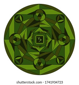 Mandala of zodiac sign of Capricorn. Colored coloring book of sacred geometry. Vector illustration, visit my portfolio for outline version.