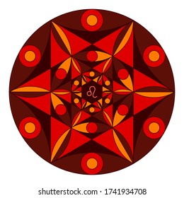Mandala of zodiac sign of Leo. Colored coloring book of sacred geometry. Vector illustration, visit my portfolio for outline version.