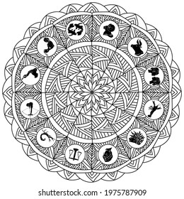 Mandala zodiac signs, horoscope circle coloring page with ornate patterns vector illustration