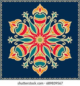 mandala.Bright ethnic pattern on a dark background. Decor for your design, ornament for adults, round pattern with lots of details. Oriental style, floral pattern. Circle lace ornament. 
