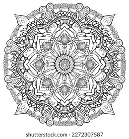 A mandala-like circular pattern. Mandala of henna tattoos. Mehndi style. Oriental-style decorative pattern. Isolated. Tribal floral ornament, Page from a coloring book.