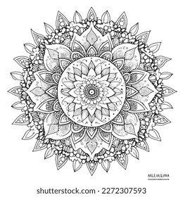 A mandala-like circular pattern. Mandala of henna tattoos. Mehndi style. Oriental-style decorative pattern. Isolated. Tribal floral ornament, Page from a coloring book.