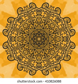 Mandala-like open-work on seamless texture. Hand-drawn new-age pattern round lace pattern. Abstract vector tribal ethnic yoga yantra background seamless tile on henna color watercolor background.