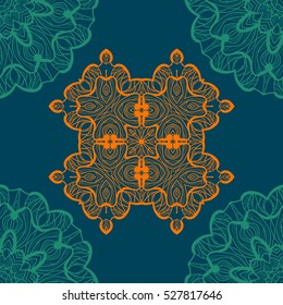 Mandala-like openwork seamless texture. Handdrawn new age round lace pattern. Abstract vector tribal ethnic yoga yantra background endless tile on blue color background.