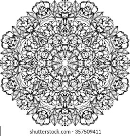 Mandala,round pattern in vector,coloring books for children and adults, black and white,handmade, camellia, leaves, flowers, buds, pattern, branch with flowers ink, pen capillary.