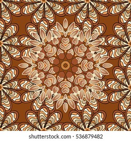 Mandalas background. Brown, beige. Leaves. Vector illustration.