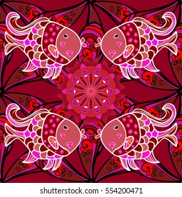 Mandalas background. Colorful elements. Vector illustration. Red, pink, fish.