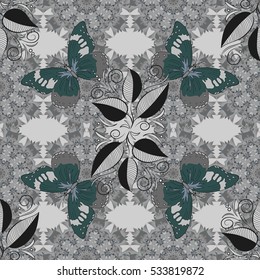 Mandalas background. Grey. Leaves. Butterfly. Vector illustration.