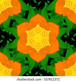 Mandalas background. Orange, green, black. Petals. Vector illustration.