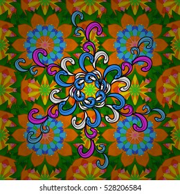 Mandalas background. Orange, yellow, violet, pink, green. Vector.