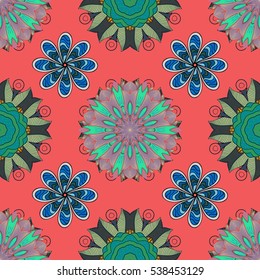 Mandalas background. Red, pink, red, blue. Vector illustration.