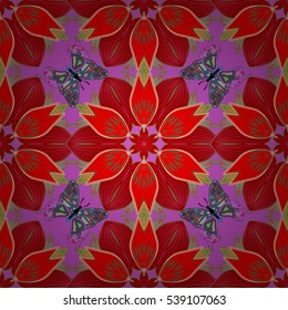 Mandalas background. Red, pink, lilac. Butterfly. Vector illustration.