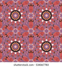 Mandalas background. Red, pink, orange. Round. Vector illustration.
