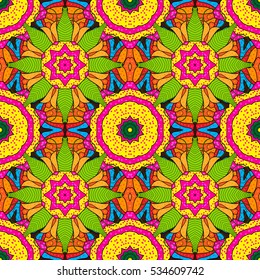 Mandalas background. Red, pink, orange, green.. Vector illustration.