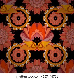 Mandalas background. Red, pink, orange. Lotus. Vector illustration. Black background.