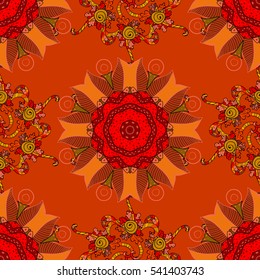 Mandalas background. Red, pink, orange. Doodles. Vector illustration.